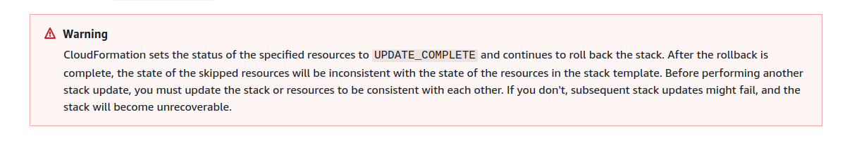 CloudFormation skip stack warning